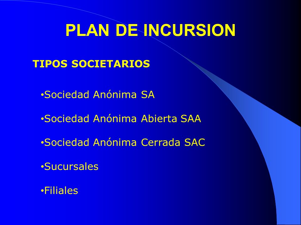 PLAN DE INCURSION TIPOS SOCIETARIOS Sociedad Anónima SA