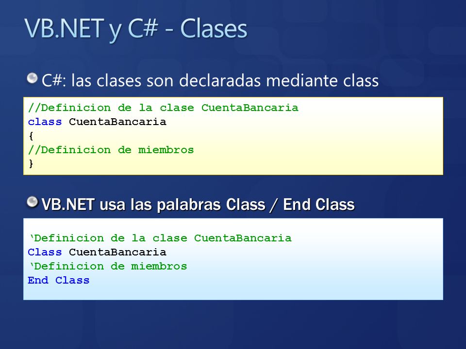 VB.NET y C# - Clases C#: las clases son declaradas mediante class