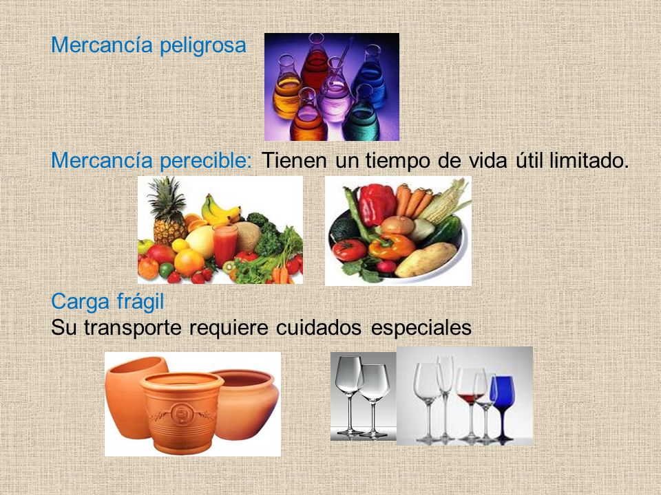 Mercancía peligrosa Mercancía perecible: Tienen un tiempo de vida útil limitado. Carga frágil. Su transporte requiere cuidados especiales.