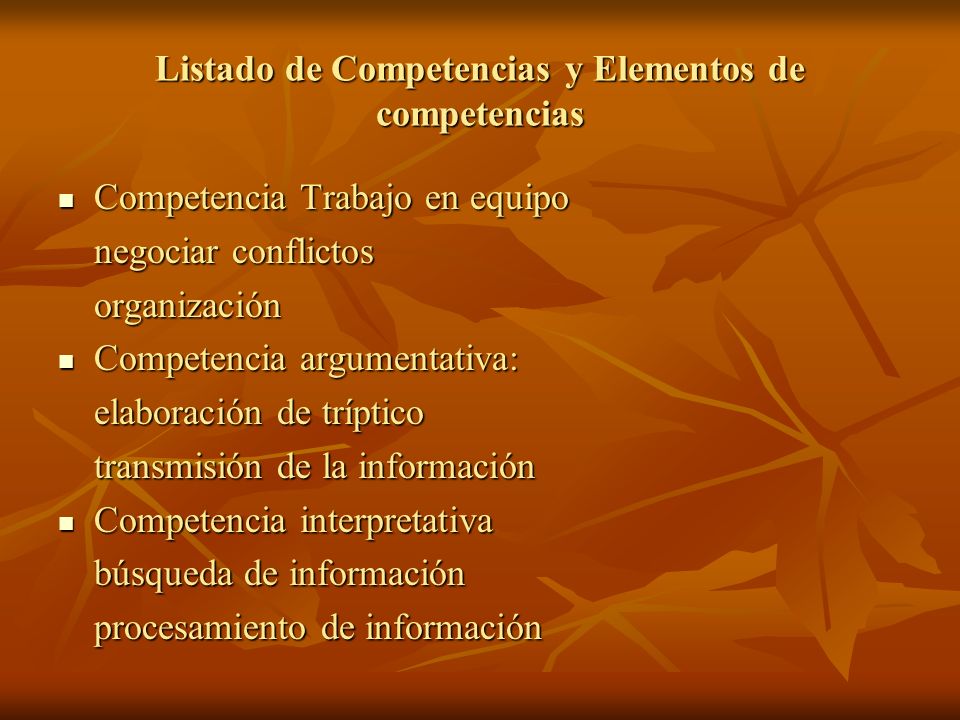 Listado de Competencias y Elementos de competencias