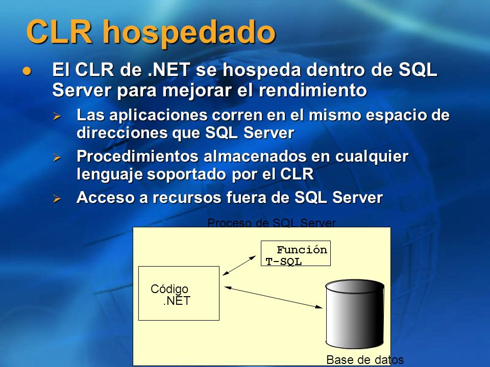 CLR hospedado El CLR de .NET se hospeda dentro de SQL Server para mejorar el rendimiento.
