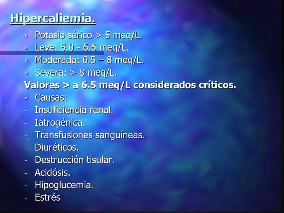Hipercaliemia. Potasio sérico > 5 meq/L. Leve: meq/L.