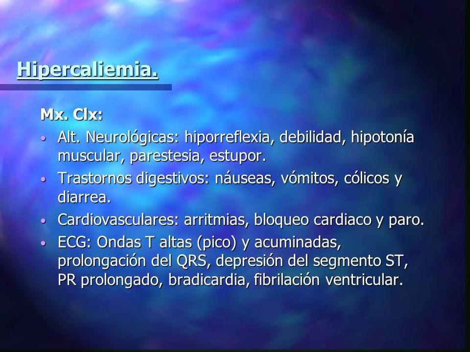 Hipercaliemia. Mx. Clx: Alt. Neurológicas: hiporreflexia, debilidad, hipotonía muscular, parestesia, estupor.