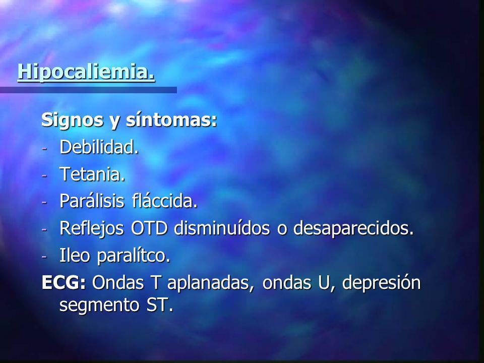 Hipocaliemia. Signos y síntomas: Debilidad. Tetania.