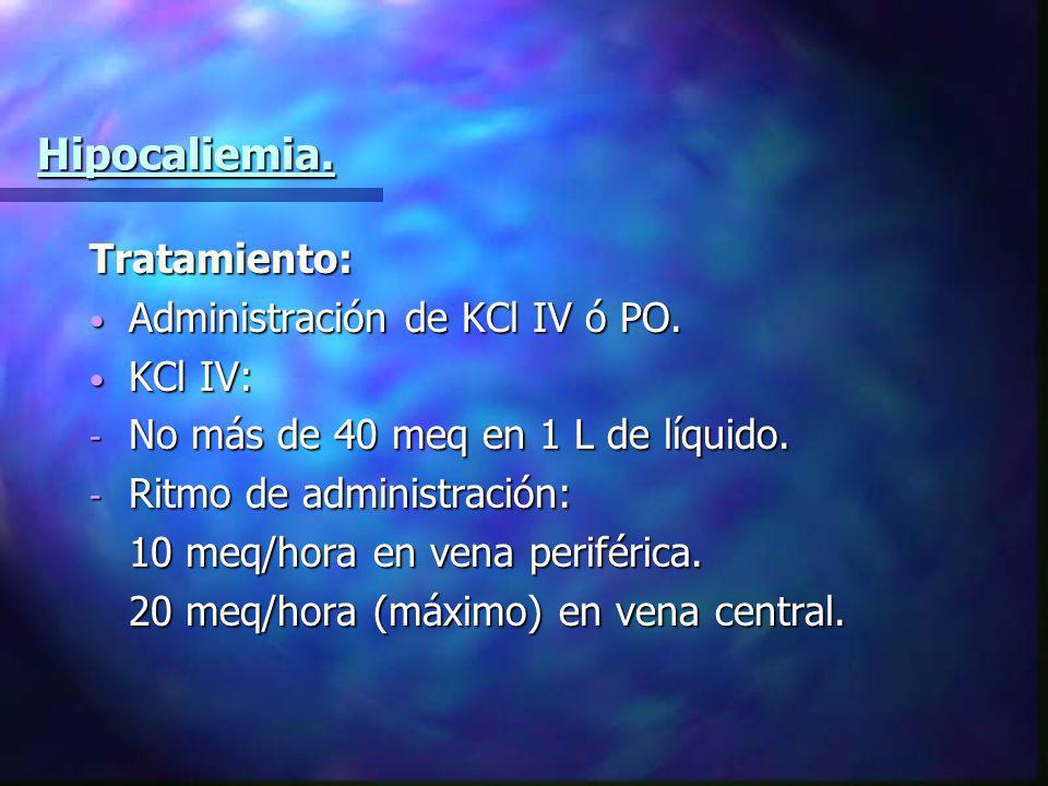 Hipocaliemia. Tratamiento: Administración de KCl IV ó PO. KCl IV: