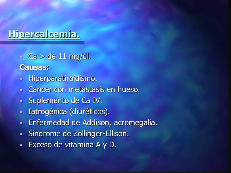Hipercalcemia. Ca > de 11 mg/dl. Causas: Hiperparatiroidismo.