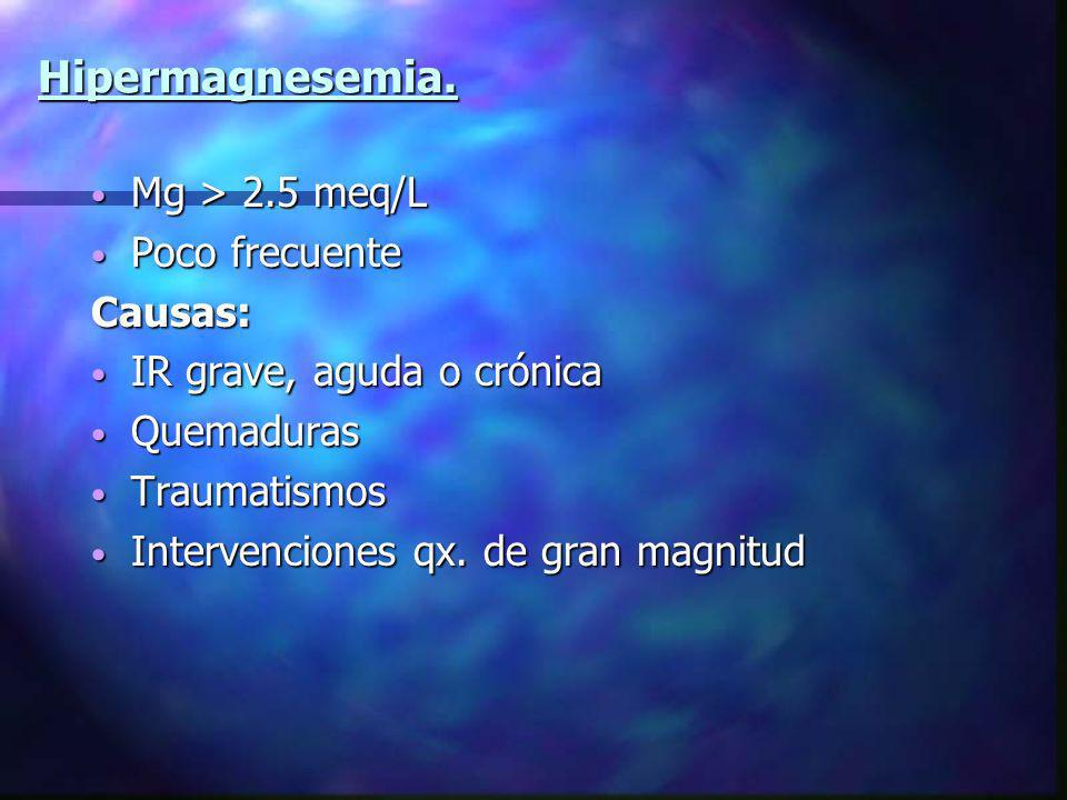 Hipermagnesemia. Mg > 2.5 meq/L Poco frecuente Causas: