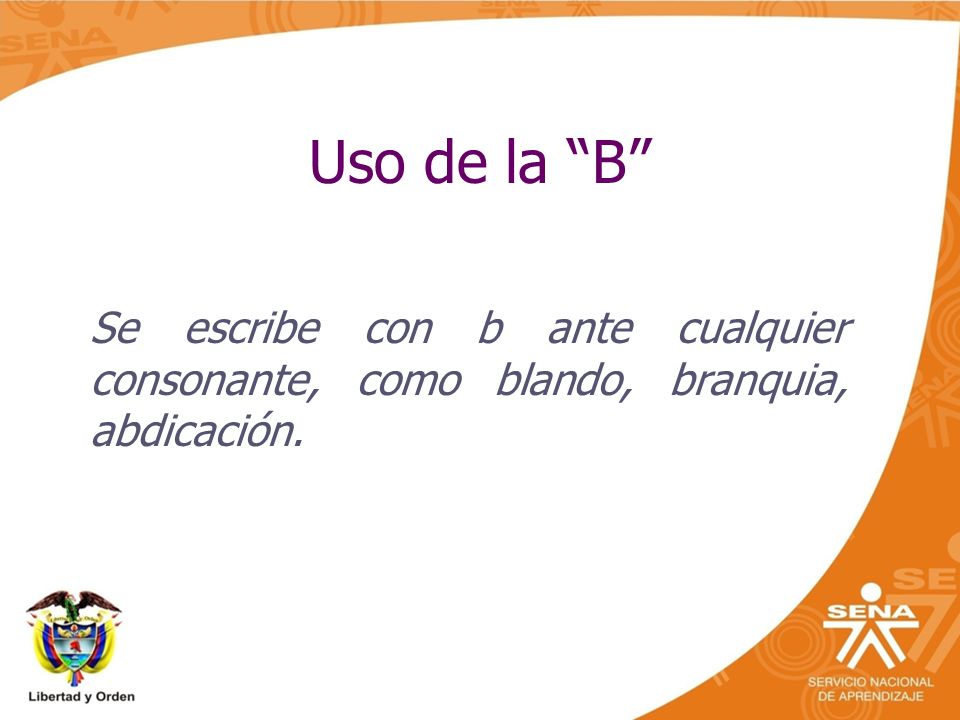 Uso de la B Se escribe con b ante cualquier consonante, como blando, branquia, abdicación.