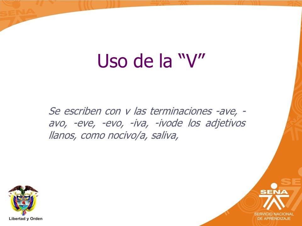 Uso de la V Se escriben con v las terminaciones -ave, -avo, -eve, -evo, -iva, -ivode los adjetivos llanos, como nocivo/a, saliva,