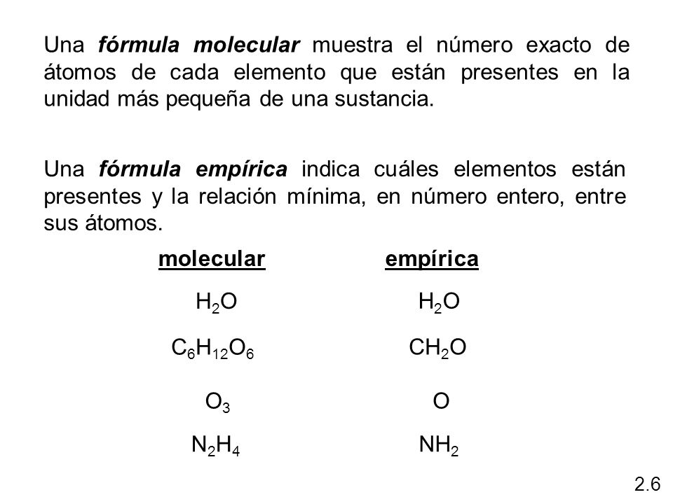 Una fórmula molecular muestra el número exacto de átomos de cada elemento que están presentes en la unidad más pequeña de una sustancia.