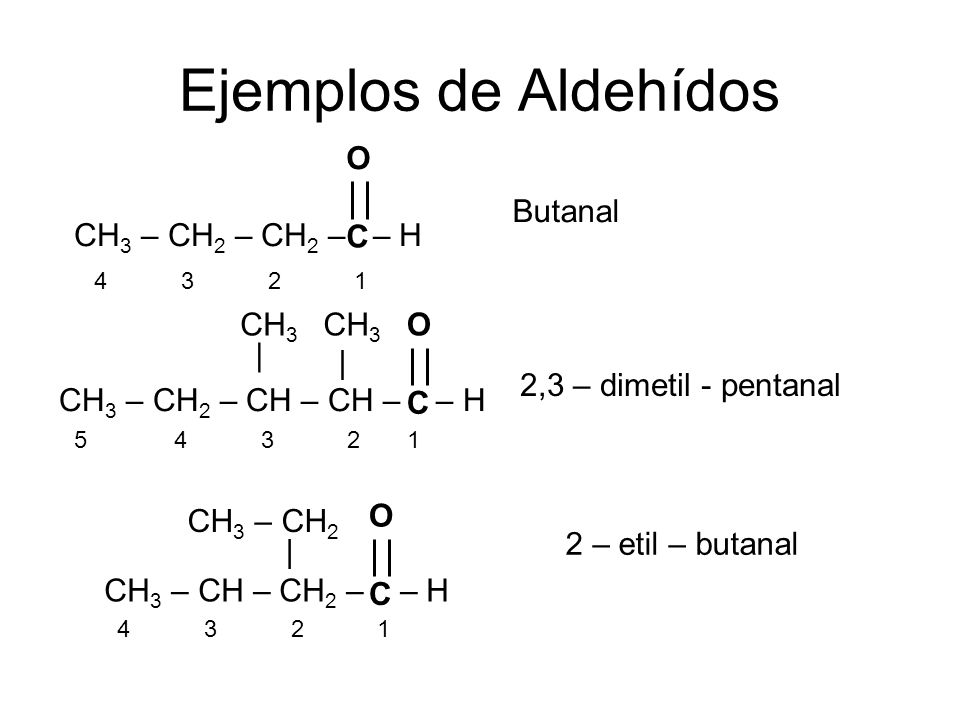 Ejemplos de Aldehídos CH3 – CH2 – CH2 – – H C O Butanal CH3 CH3 C O |