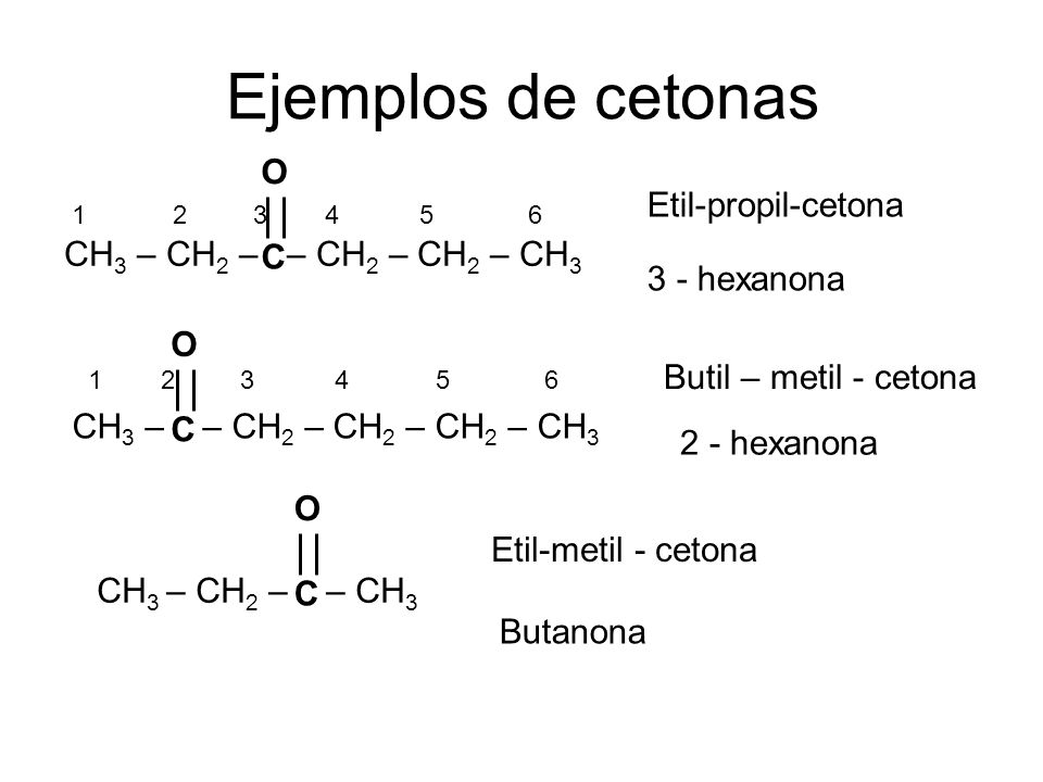 Ejemplos de cetonas O Etil-propil-cetona CH3 – CH2 – – CH2 – CH2 – CH3