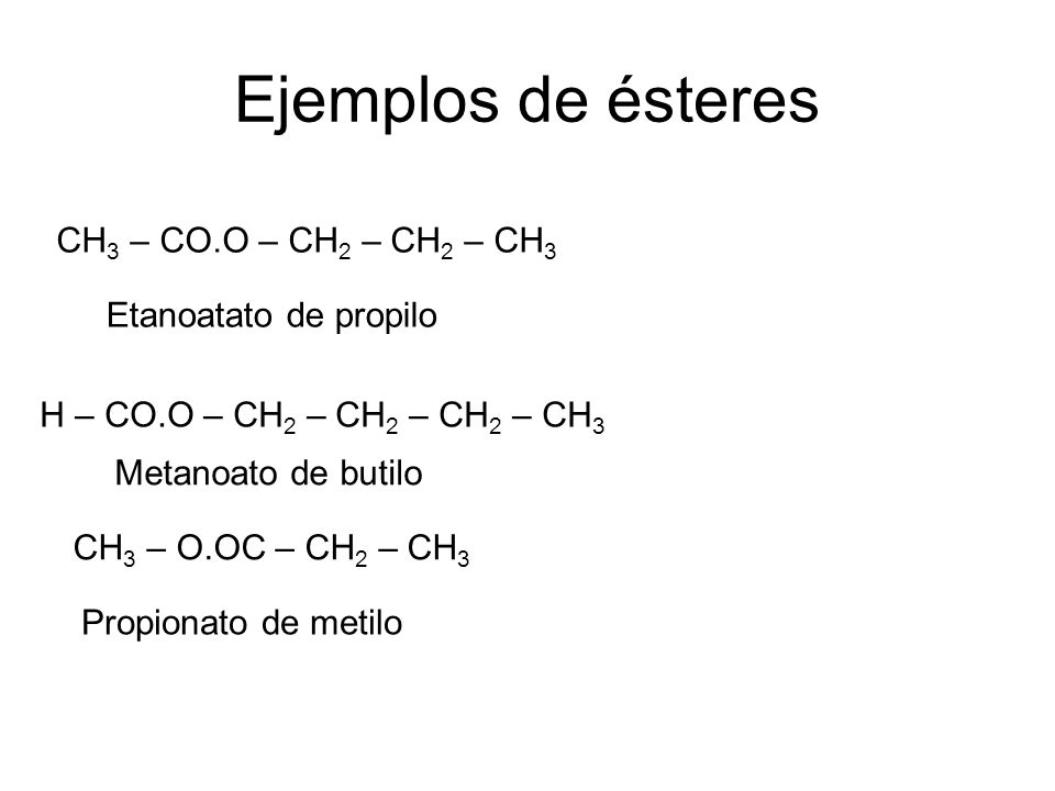 Ejemplos de ésteres CH3 – CO.O – CH2 – CH2 – CH3 Etanoatato de propilo