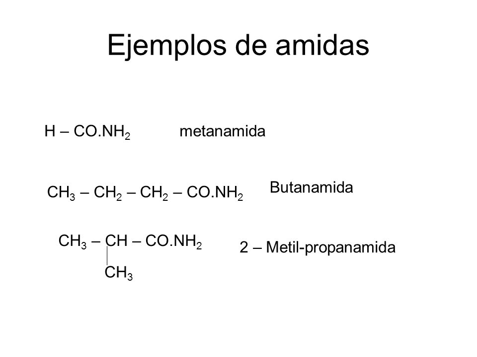 Ejemplos de amidas H – CO.NH2 metanamida Butanamida
