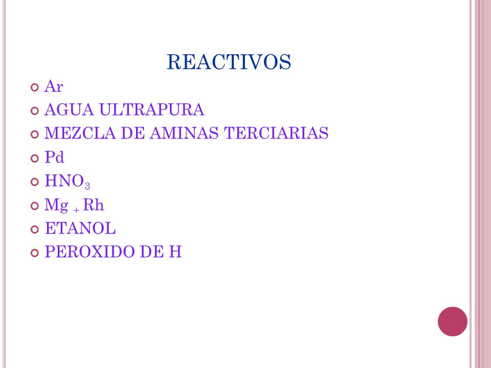 REACTIVOS Ar AGUA ULTRAPURA MEZCLA DE AMINAS TERCIARIAS Pd HNO3