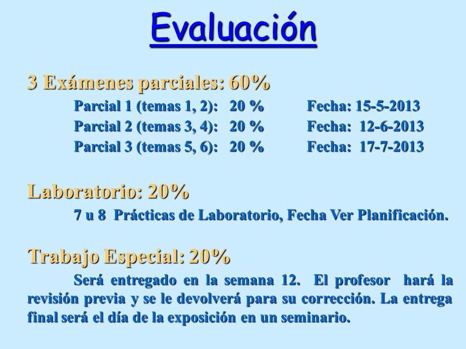 Evaluación 3 Exámenes parciales: 60% Laboratorio: 20%