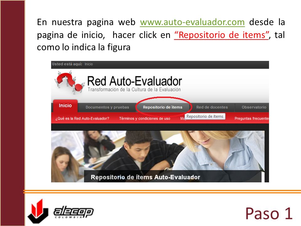 En nuestra pagina web   desde la pagina de inicio, hacer click en Repositorio de items , tal como lo indica la figura