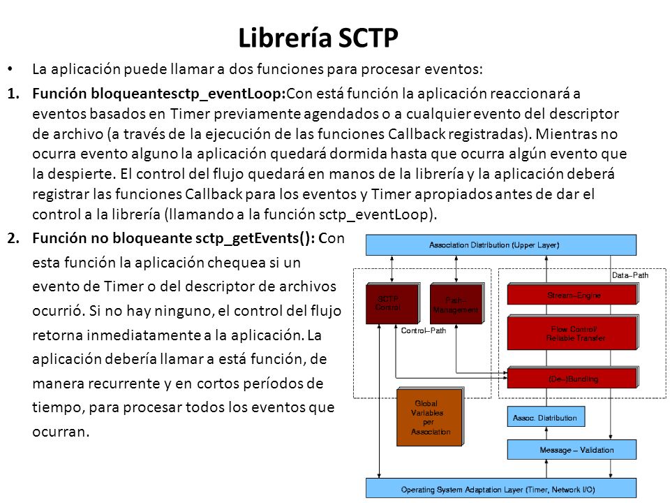 Librería SCTP La aplicación puede llamar a dos funciones para procesar eventos: