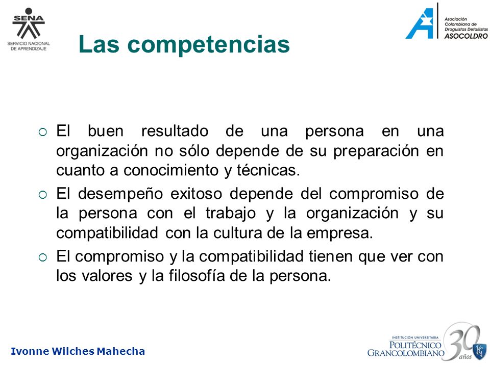 Las competencias El buen resultado de una persona en una organización no sólo depende de su preparación en cuanto a conocimiento y técnicas.