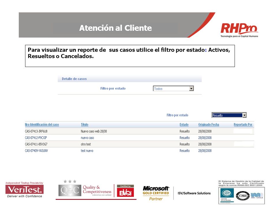 Para visualizar un reporte de sus casos utilice el filtro por estado: Activos, Resueltos o Cancelados.