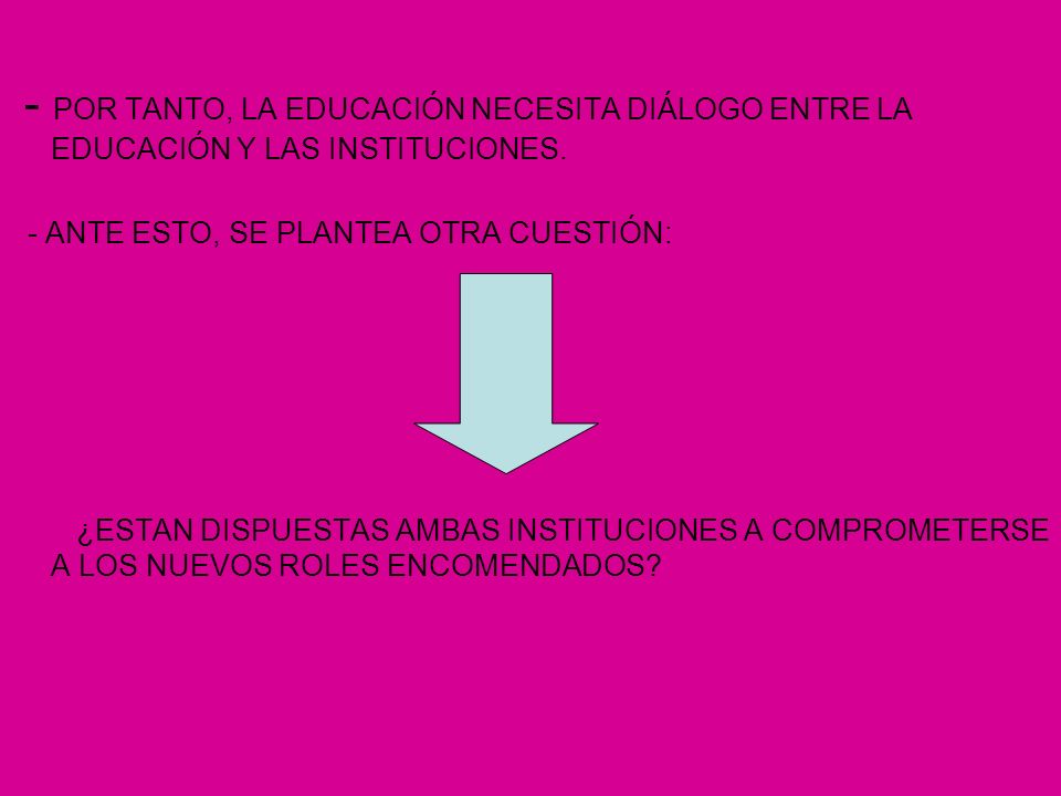 - POR TANTO, LA EDUCACIÓN NECESITA DIÁLOGO ENTRE LA EDUCACIÓN Y LAS INSTITUCIONES.