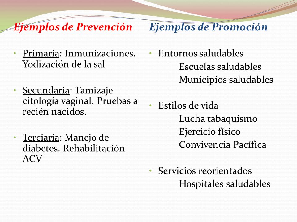 Ejemplos de Prevención Ejemplos de Promoción