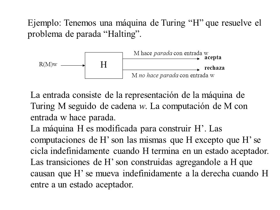 Ejemplo: Tenemos una máquina de Turing H que resuelve el problema de parada Halting .