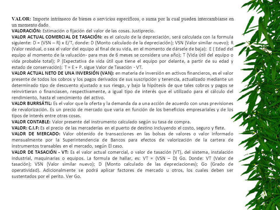 VALOR: Importe intrínseco de bienes o servicios específicos, o suma por la cual pueden intercambiarse en un momento dado.