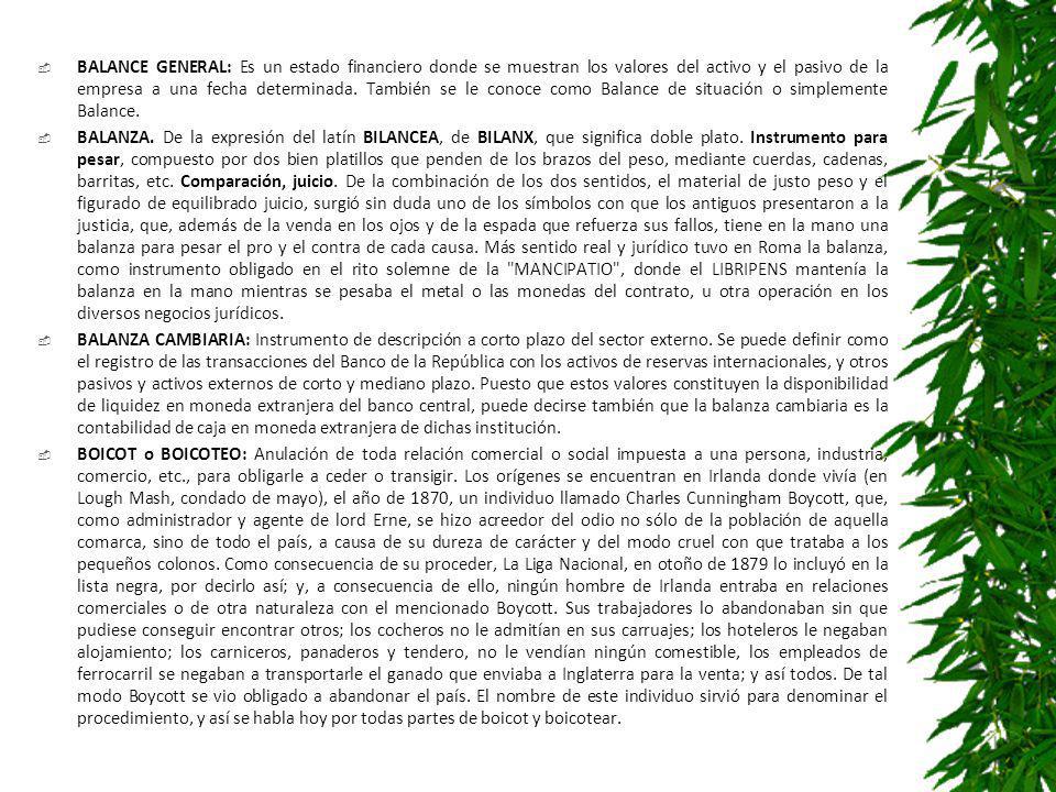 BALANCE GENERAL: Es un estado financiero donde se muestran los valores del activo y el pasivo de la empresa a una fecha determinada. También se le conoce como Balance de situación o simplemente Balance.