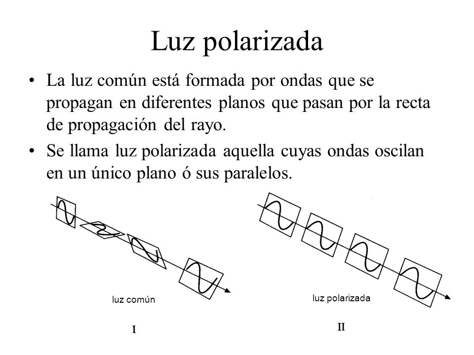 Luz polarizada La luz común está formada por ondas que se propagan en diferentes planos que pasan por la recta de propagación del rayo.