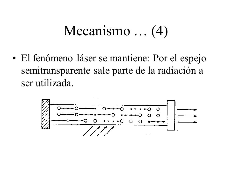 Mecanismo … (4) El fenómeno láser se mantiene: Por el espejo semitransparente sale parte de la radiación a ser utilizada.