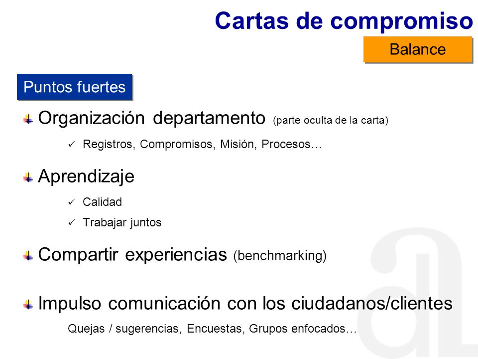 Cartas de compromiso Balance. Puntos fuertes. Organización departamento (parte oculta de la carta)