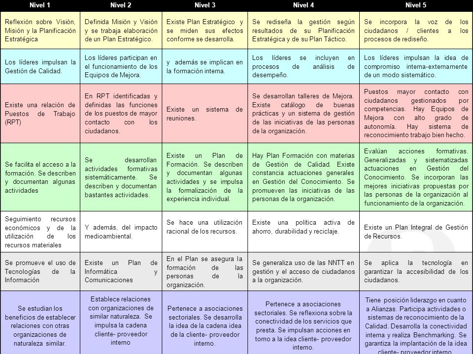 Nivel 1 Nivel 2. Nivel 3. Nivel 4. Nivel 5. Reflexión sobre Visión, Misión y la Planificación Estratégica.
