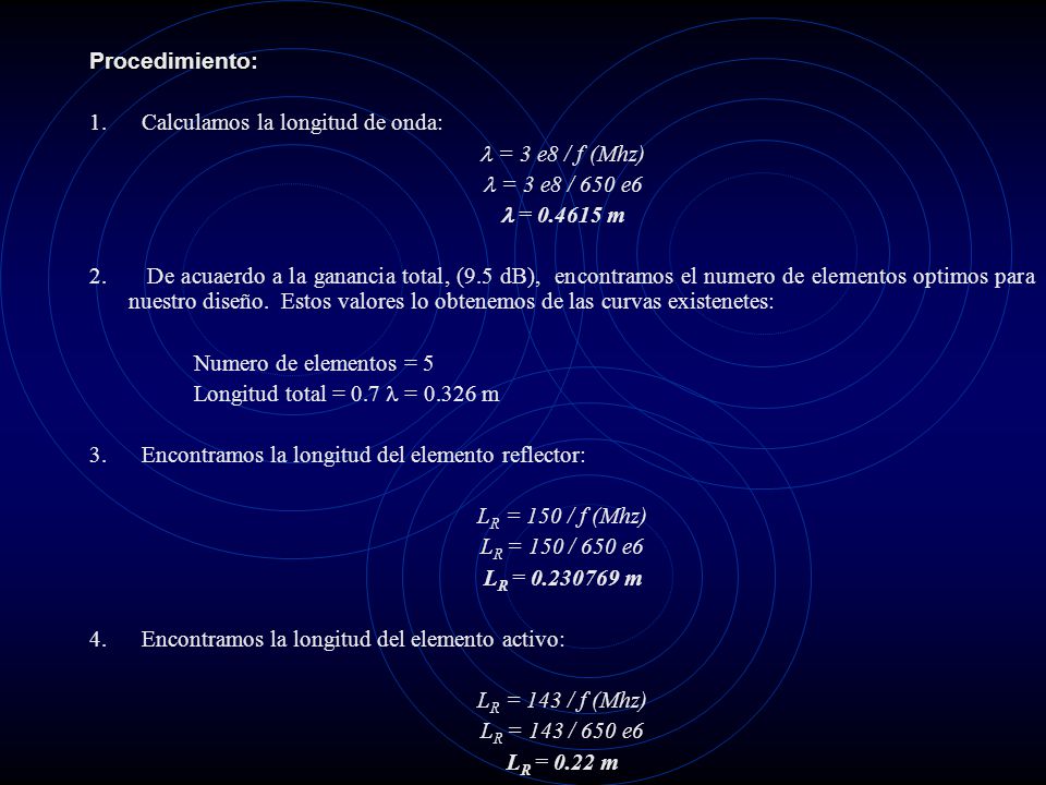 Procedimiento: 1. Calculamos la longitud de onda:  = 3 e8 / f (Mhz)  = 3 e8 / 650 e6.  = m.