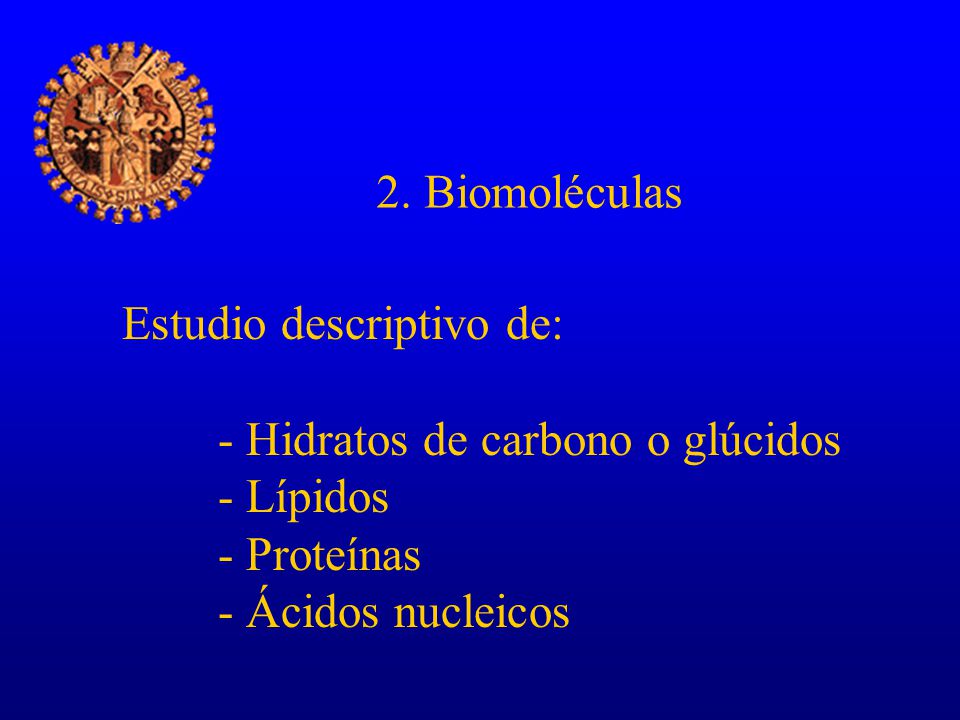 2. Biomoléculas Estudio descriptivo de: - Hidratos de carbono o glúcidos. - Lípidos. - Proteínas.