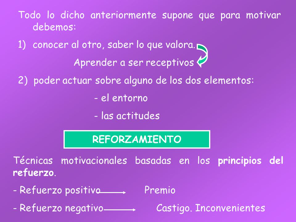 Todo lo dicho anteriormente supone que para motivar debemos: