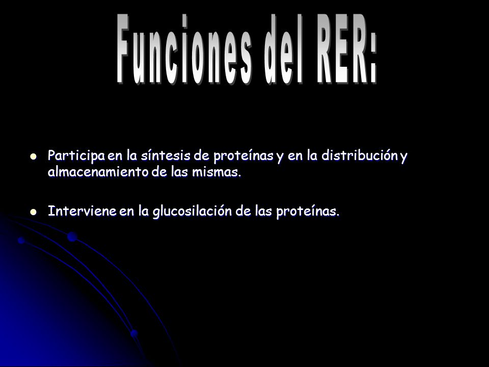 Funciones del RER: Participa en la síntesis de proteínas y en la distribución y almacenamiento de las mismas.