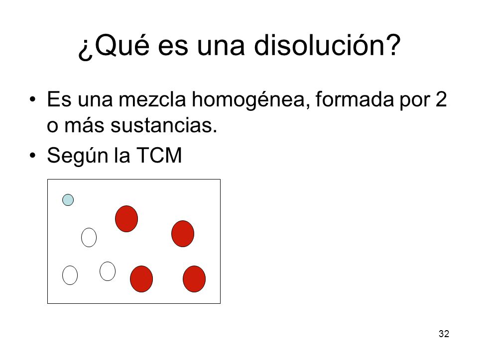 ¿Qué es una disolución Es una mezcla homogénea, formada por 2 o más sustancias. Según la TCM