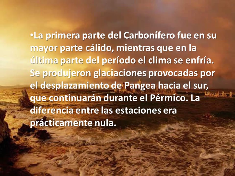 La primera parte del Carbonífero fue en su mayor parte cálido, mientras que en la última parte del período el clima se enfría. Se produjeron glaciaciones provocadas por el desplazamiento de Pangea hacia el sur, que continuarán durante el Pérmico. La diferencia entre las estaciones era prácticamente nula.