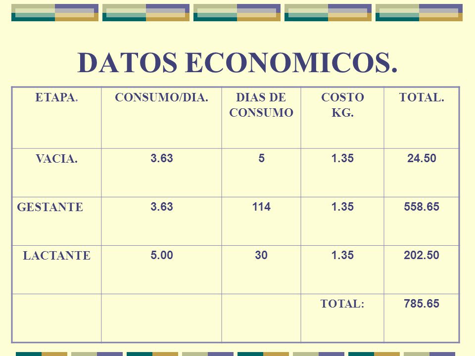 DATOS ECONOMICOS. ETAPA. CONSUMO/DIA. DIAS DE CONSUMO COSTO KG. TOTAL.