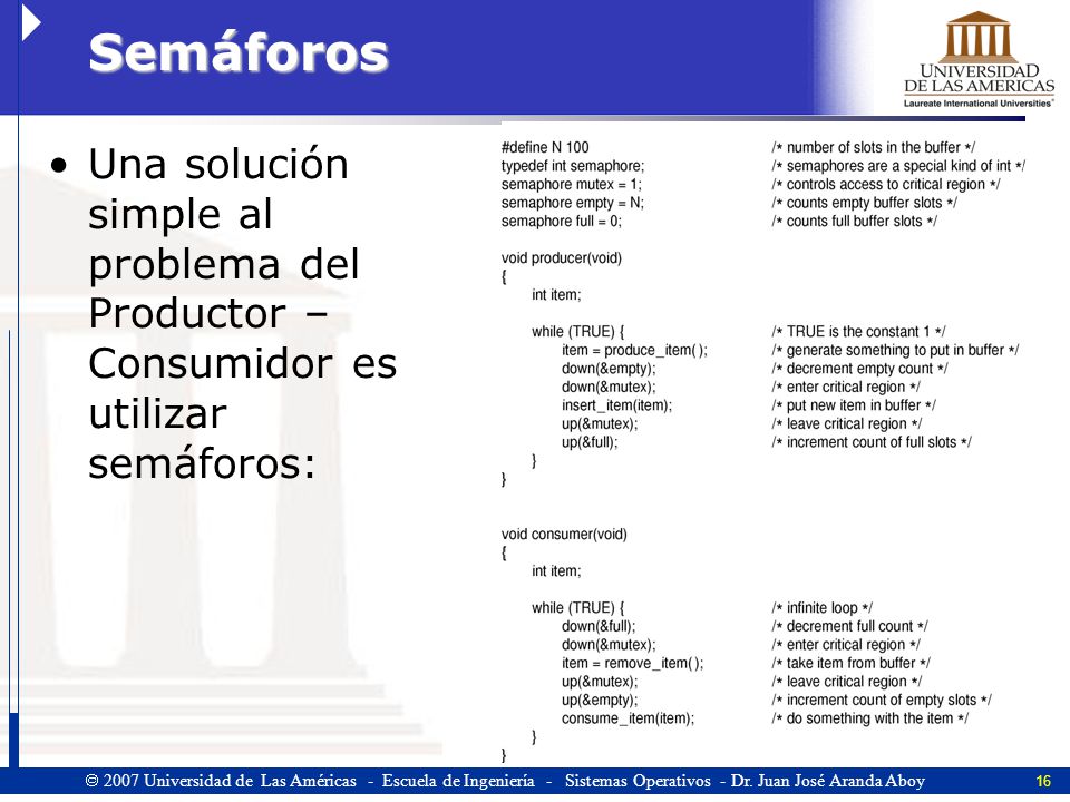 Semáforos Una solución simple al problema del Productor – Consumidor es utilizar semáforos: