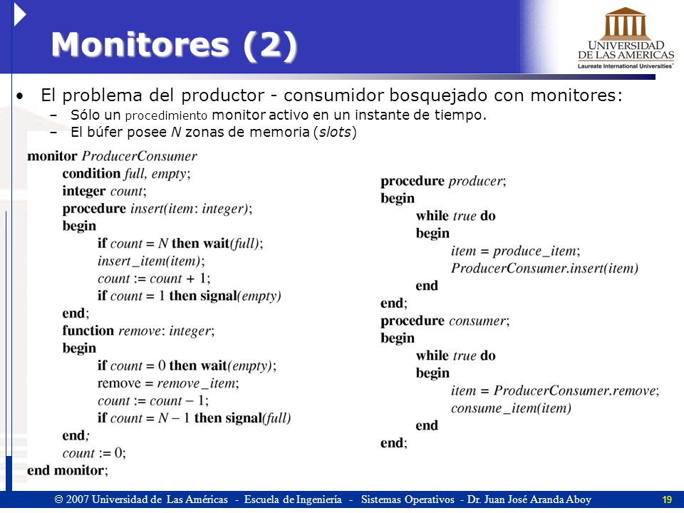 Monitores (2) El problema del productor - consumidor bosquejado con monitores: Sólo un procedimiento monitor activo en un instante de tiempo.
