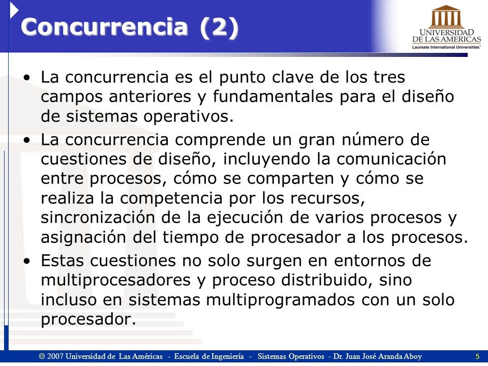 Concurrencia (2) La concurrencia es el punto clave de los tres campos anteriores y fundamentales para el diseño de sistemas operativos.