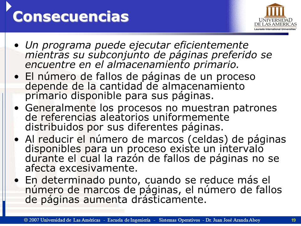 Consecuencias Un programa puede ejecutar eficientemente mientras su subconjunto de páginas preferido se encuentre en el almacenamiento primario.