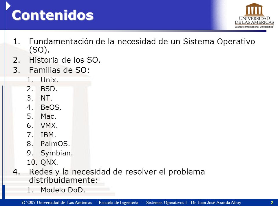 Contenidos Fundamentación de la necesidad de un Sistema Operativo (SO). Historia de los SO. Familias de SO: