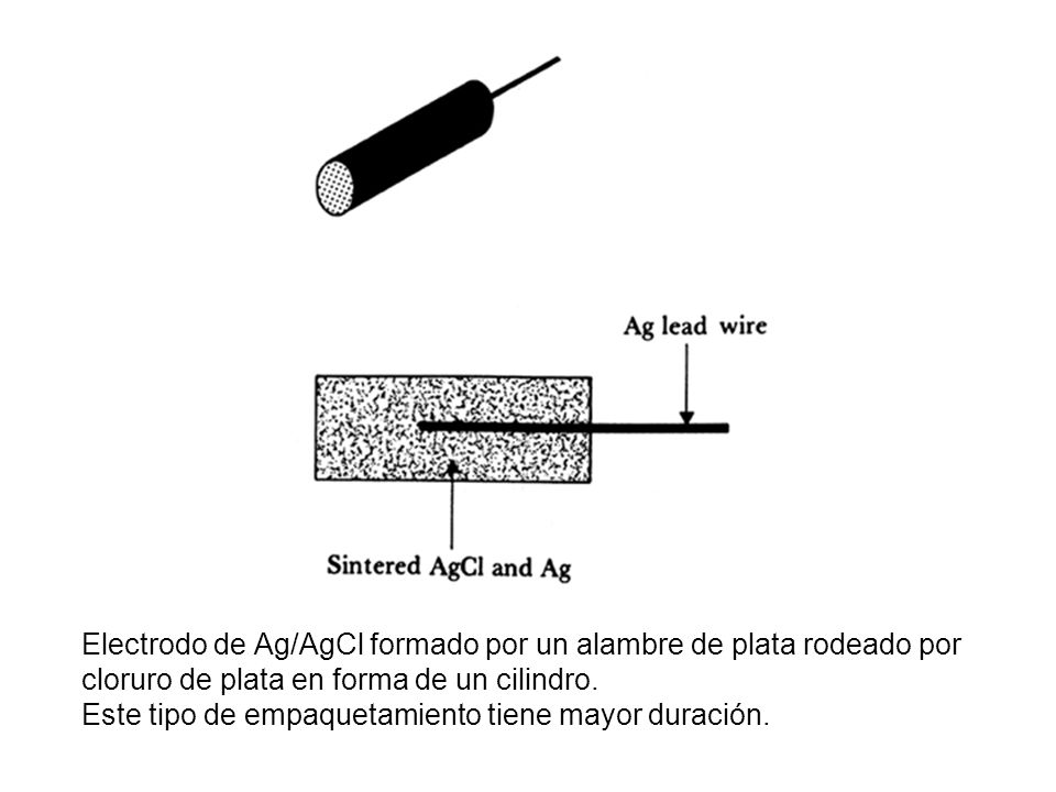 Electrodo de Ag/AgCl formado por un alambre de plata rodeado por cloruro de plata en forma de un cilindro.
