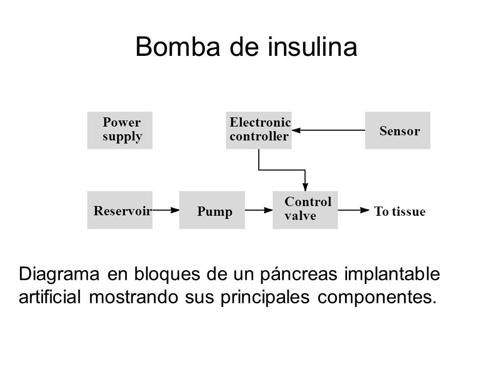 Bomba de insulina Power. supply. Electronic. controller. Sensor. Control. valve. Reservoir. Pump.