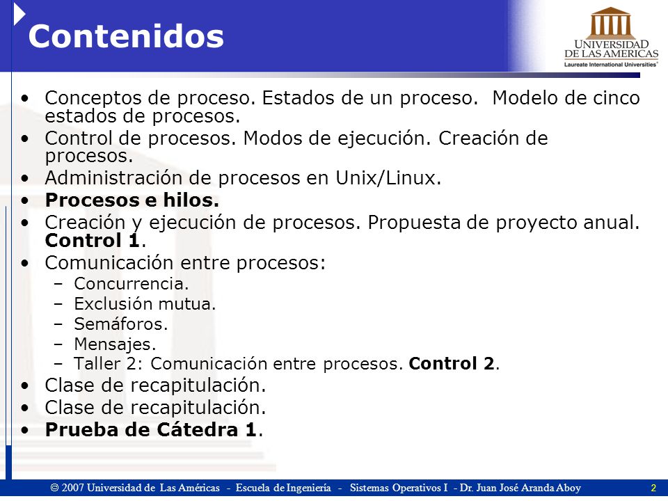 Contenidos Conceptos de proceso. Estados de un proceso. Modelo de cinco estados de procesos.