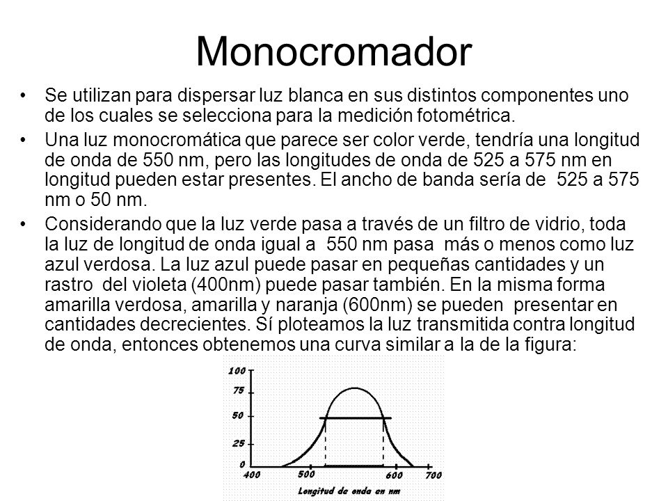 Monocromador Se utilizan para dispersar luz blanca en sus distintos componentes uno de los cuales se selecciona para la medición fotométrica.