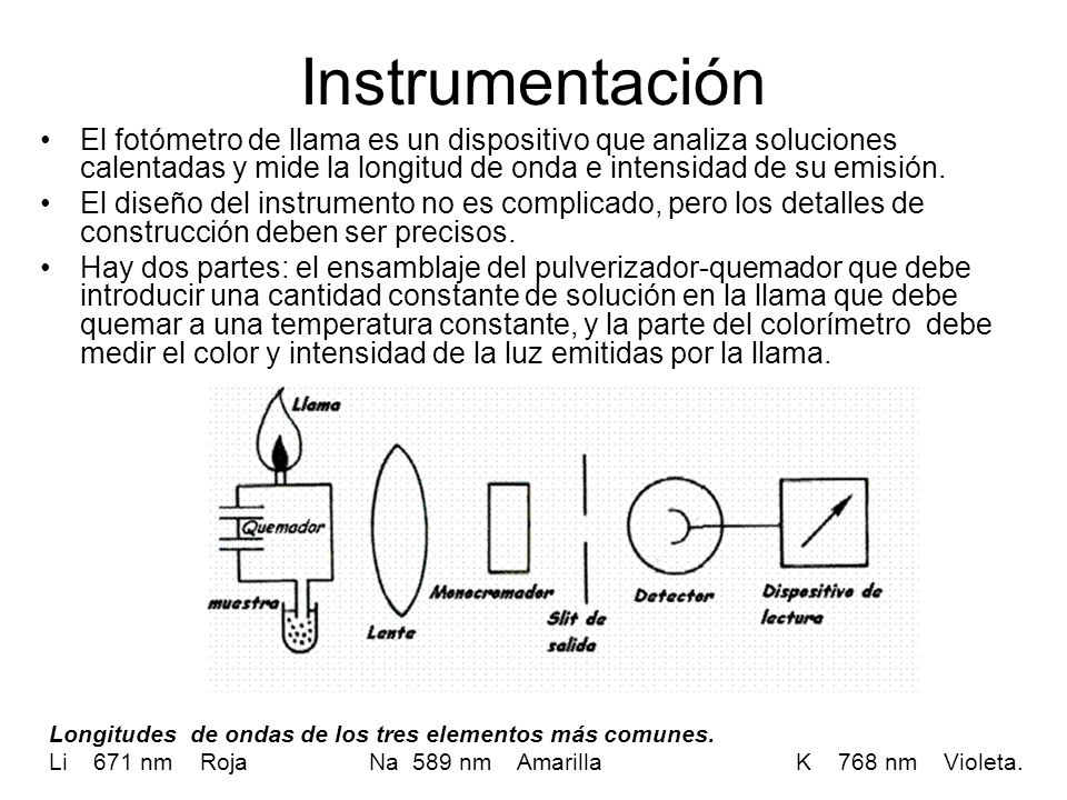 Instrumentación El fotómetro de llama es un dispositivo que analiza soluciones calentadas y mide la longitud de onda e intensidad de su emisión.